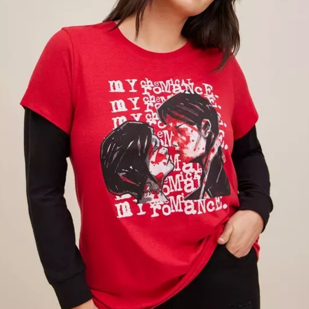 NWT Torrid Plus Size 0 My Chemical Romance MCR Red & Black Long Sleeve Band Tee